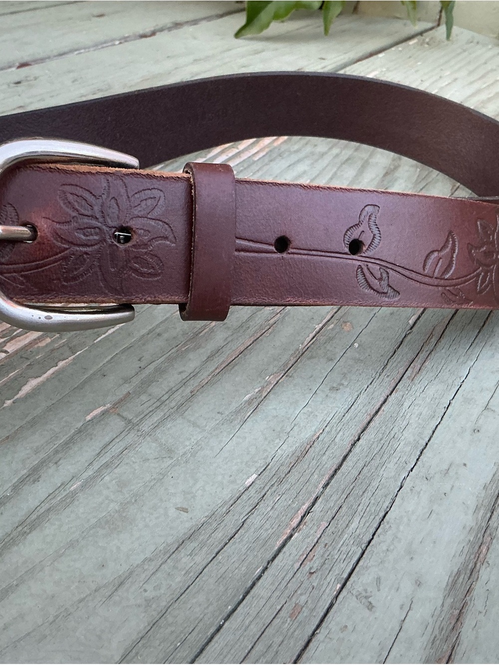 Brown Embossed Leather Belt with Floral Design